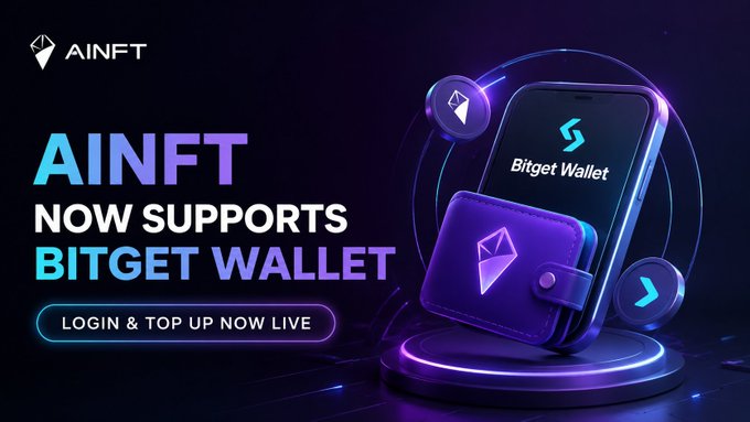 A promotional banner with a dark purple background announces 'AINFT NOW SUPPORTS BITGET WALLET' with a 'LOGIN & TOP UP NOW LIVE' button, alongside a 3D render of a phone and purple wallet.