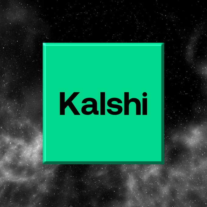 The image shows the Kalshi logo on a green square background against a starry cosmic backdrop. This relates to the post by highlighting Cardano's strong 24-hour trading volume on the Kalshi crypto perpetuals platform, where it ranks 8th and significantly outpaces Chainlink, BNB, and Dogecoin in volume.