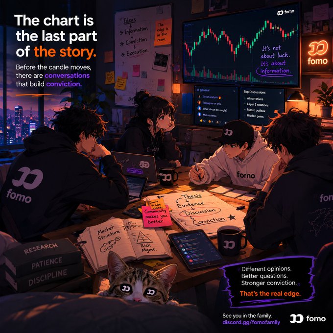 An illustrated promotional image for 'fomo' showing people gathered around a table with charts and notes, featuring text like 'The chart is the last part of the story' and 'discord.gg/fomofamily'.