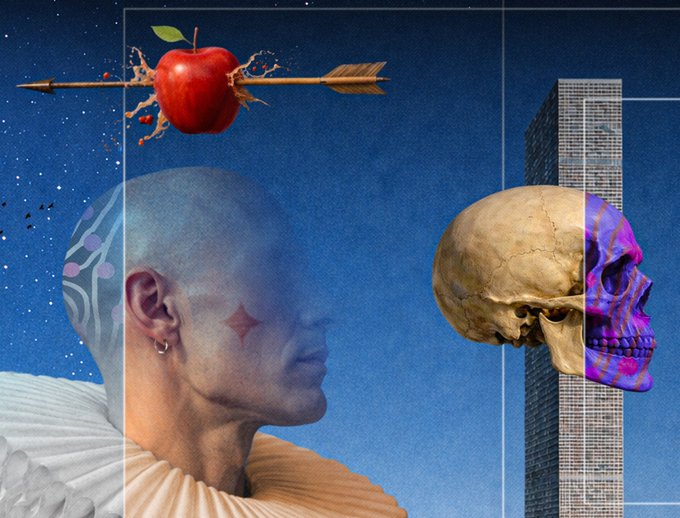 A surreal digital collage featuring a bald figure with a star tattoo, an apple pierced by an arrow, and a skull with a glitching, color-distorted half-face against a starry sky.