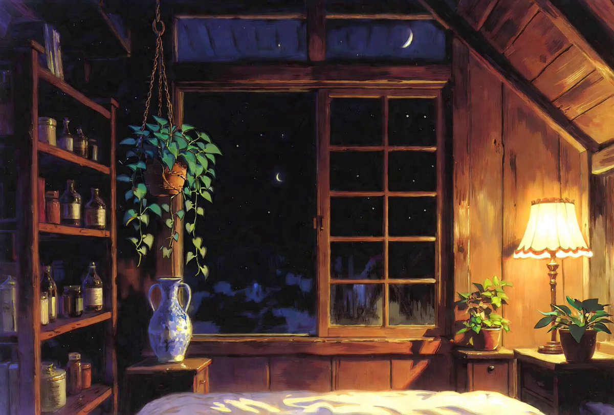 The image features a bedroom scene at night with a bed, lamp, and potted plant. There's also an artwork of a room that includes a window with a view of the moon and stars outside. The painting has a dark color scheme, giving it a mysterious atmosphere. The artist has used a unique style to create this piece, making it stand out from other artworks.