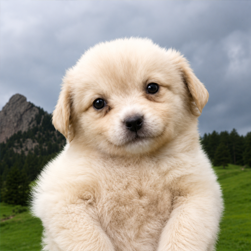 The image features a small, light brown puppy with big eyes looking directly at the camera. The puppy appears to be standing up against a backdrop of a green field or grassy area, which could suggest that this photo was taken outdoors during daytime hours. The background includes trees and mountains, adding depth and context to the scene. The image also contains text elements such as "Gaejook is live on Solana via pump.fun" and "coin/5etbzxYXjuCojfsbXGuML3nJeyr7Nf8M31knLACcpump pump.fun/coin/5etbzxYXj".