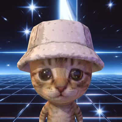 A 3D-rendered kitten wearing a beige bucket hat against a retro neon grid and starry background.