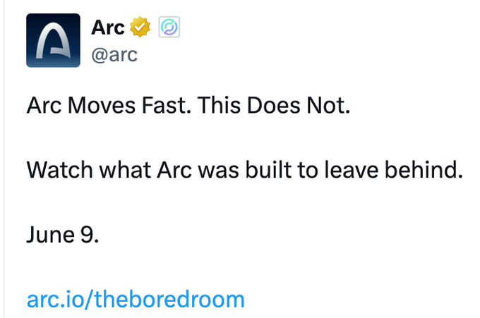 This text is a part of an email account message that states "Arc Moves Fast, This Does Not!. Watch what Arc was built to leave behind." The email has been sent from someone named @arc and was posted for the date June 9th at 23:00.