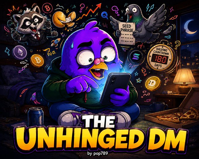 A cartoon purple bird character wearing a hoodie looks nervously at a phone, accompanied by a raccoon, a crow holding a 'SEED PHRASE' paper, and a 'HALVING COUNTDOWN 180 DAYS' sign; titled 'THE UNHINGED DM by pop789'.