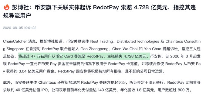 A Chinese news article from 彩搏社 (ChainCatcher) dated 2026-08-05 about Lian'an Group entities (Nest Trading, DistributedTechnologies, Chaintecs) suing RedotPay in Singapore for $472.8 million, alleging violation of agreements regarding $304 million in user funds.