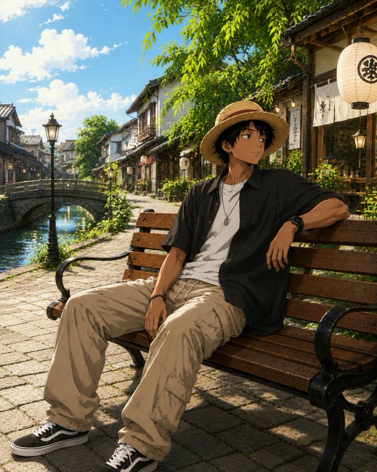 An anime-style illustration of a young man wearing a straw hat, black shirt, and khaki pants, sitting on a wooden bench in a serene village with a canal and traditional buildings.