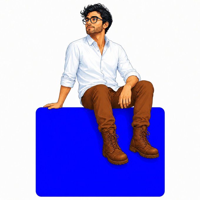 The image features a man sitting on top of a blue square, wearing glasses and a white shirt. The background is plain white, which makes the man and his outfit stand out. There are no other objects or texts present in the image.