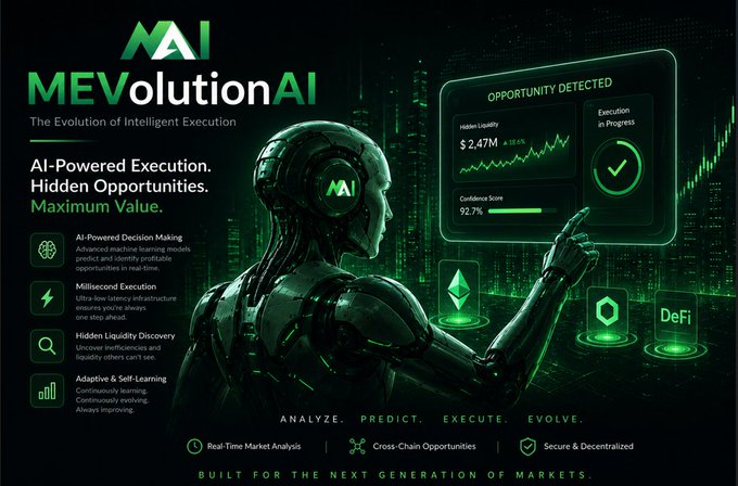 Advertisement for 'MEVolution AI - The Evolution of Intelligent Execution,' featuring a robot examining trading opportunities with $2.47M Hidden Liquidity and a 92.7% Confidence Score.