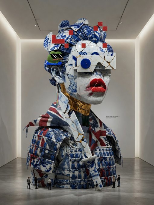 A large contemporary art installation of a bust made from blue-and-white porcelain shards, featuring red lips, a Union Jack patterned robe, and red/blue geometric accents, displayed in a white gallery with tiny human figures at its base for scale.