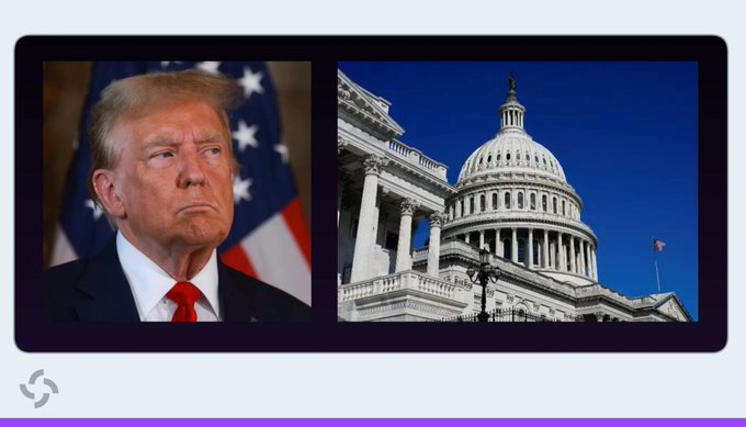 The split image shows Donald Trump on the left and the U.S. Capitol Building on the right, symbolizing political negotiations for the CLARITY Act.