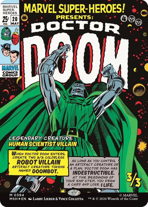 A Marvel Super-Heroes trading card featuring Doctor Doom as a Legendary Creature with 3/3 stats, costing 4 mana, with artwork by Larry Lieber & Vince Colletta.