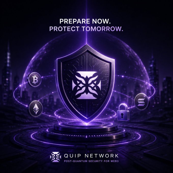 A promotional graphic for 'QUIP NETWORK' displays 'PREPARE NOW. PROTECT TOMORROW.' and 'POST-QUANTUM SECURITY FOR WEB3,' featuring a shield with a butterfly-like emblem surrounded by crypto icons including Bitcoin, Ethereum, and Solana.