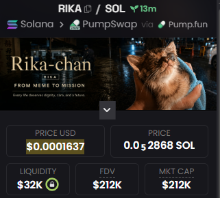 A screenshot of the RIKA/SOL token page on DexScreener shows a price of $0.0001637 USD (0.0000002868 SOL), liquidity of $32K, and an FDV/MKT cap of $212K, alongside the "RIKA-chan" banner celebrating "From Meme to Mission." The updated metrics reflect the latest DexScreener refresh for the Solana-based PumpSwap/Pump.fun memecoin.