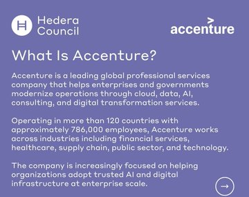 The image features an advertisement for Accenture that highlights a company's decision to join the Hedera Council. The text in the image reads, "Hedera just highlighted why Accenture, one of the largest employers and biggest companies on Earth has decided they want to be a part of the @hedera Council." This indicates that the company is actively participating in the Council's initiatives or projects related to AI, cloud computing, and digital infrastructure. The image also includes a button for further information about the company and its involvement with the Council.