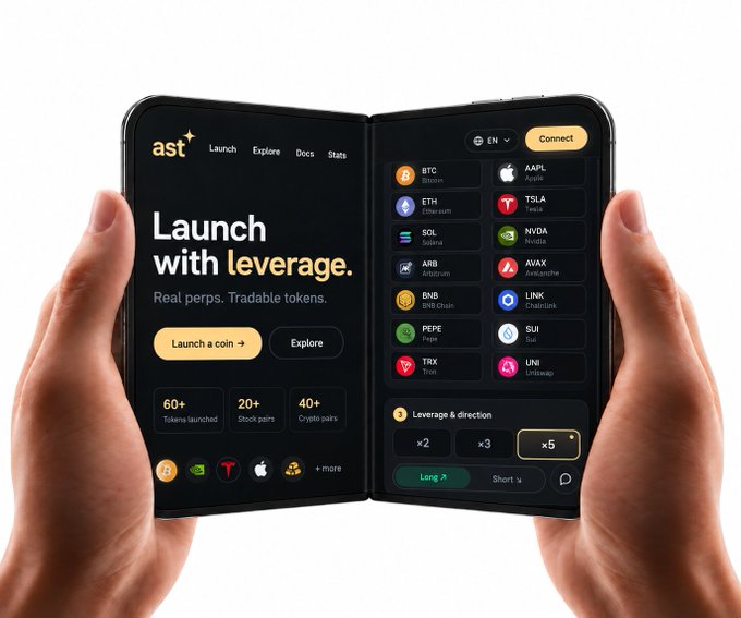 Foldable smartphone displaying the ast crypto platform with 'Launch with leverage' text and various tokens including BTC, AAPL, TSLA, NVDA.