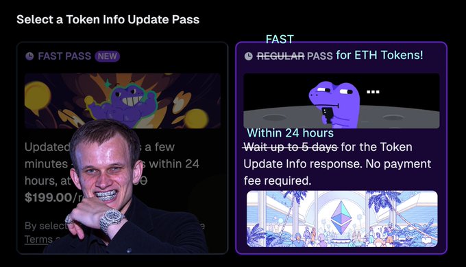 The image shows a Token Info Update Pass selection screen with two options: a "Fast Pass" priced at $199.00/m for updates within minutes to 24 hours, and a "Regular Pass for ETH Tokens" which is free with up to a 5-day wait time. Overlaid is a grinning man covering his mouth, suggesting the promotional offer of free Fast Pass Token Updates for Ethereum tokens highlighted in the accompanying post.