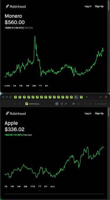 A screenshot displays two financial charts from robinhood.com: the top shows Monero at $560.00 (+$269.10 / +92.51% Past Year) and the bottom shows Apple at $336.02 (+$80.80 / +31.66% Past Year), both indicating growth.