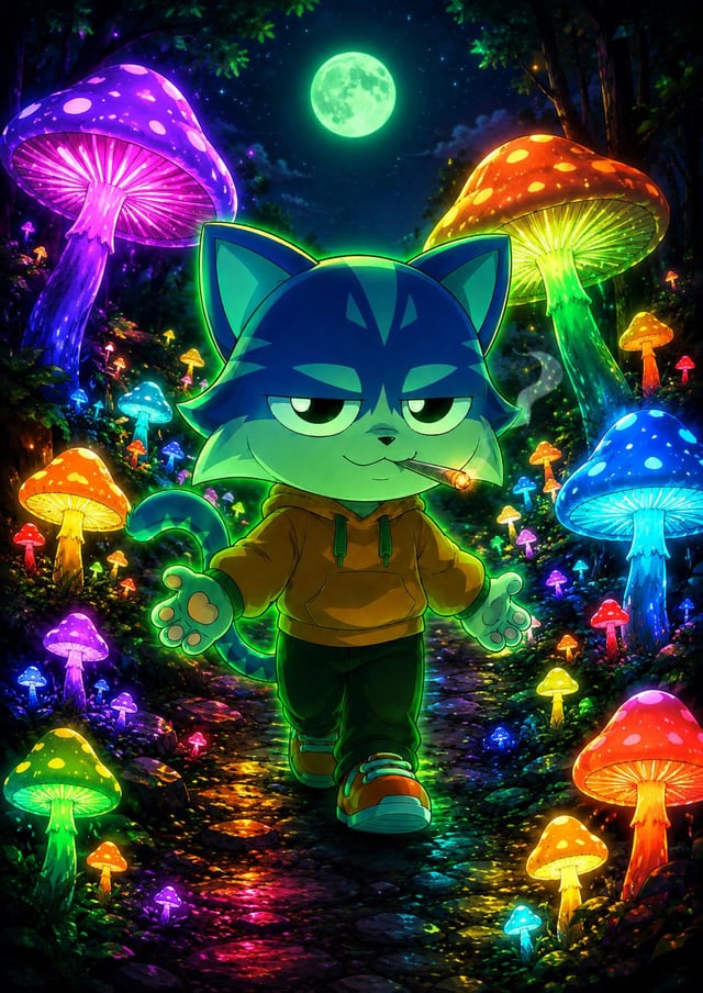 The image features a cartoon cat wearing an orange hoodie, walking through a forest filled with colorful mushrooms. The background includes a full moon and other mushroom-filled areas, creating a whimsical and surreal atmosphere. The caption suggests that there might be a connection between the Toshi coin and the post about it.
