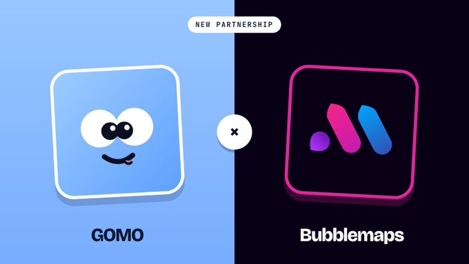 A promotional graphic announcing a "NEW PARTNERSHIP" between "GOMO" (a blue app icon with eyes) and "Bubblemaps" (a black app icon with pink and blue bars).