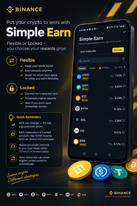 Advertisement for Binance's "Simple Earn" feature on its mobile app, highlighting "Flexible or Locked" crypto investment options with APY rates for coins like USDC, USDT, BTC, and SOL.