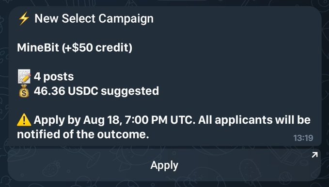 A Telegram message notification for a 'New Select Campaign' titled 'MineBit (+$50 credit)' requiring 4 posts for 46.36 USDC, with an 'Apply' button.