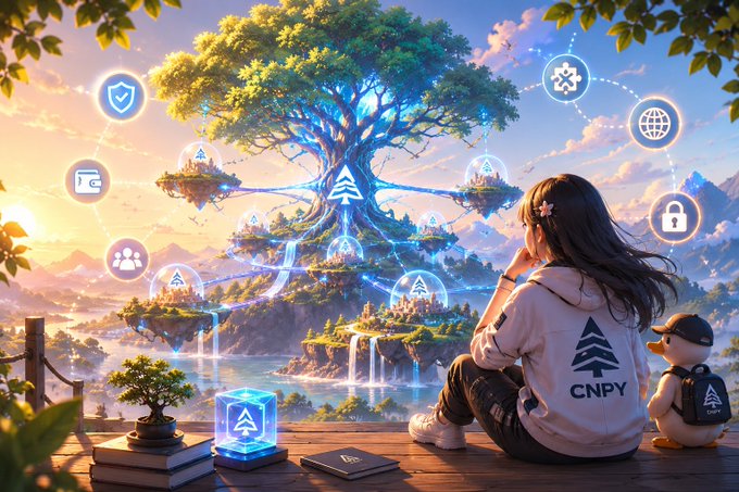 A digital fantasy artwork featuring a girl in a 'CNPY' hoodie sitting with a small character, looking at a magical glowing tree and floating islands with various icons and the CNPY logo.