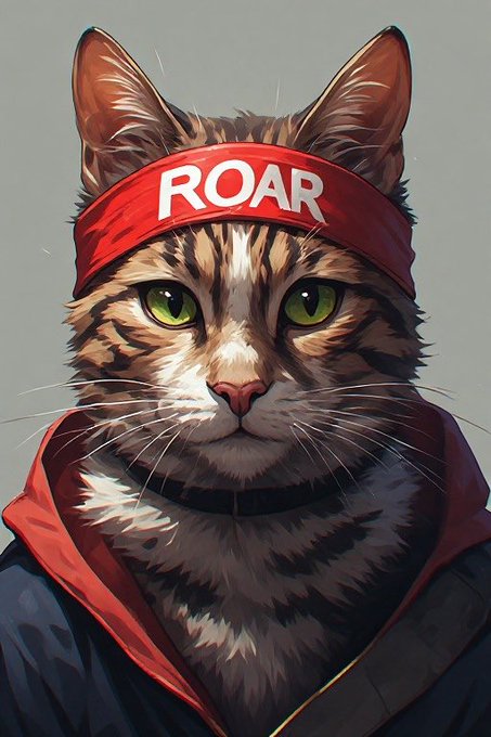 A digital illustration of a tabby cat with green eyes wearing a red headband labeled 'ROAR' in white text, dressed in a red and blue hooded jacket.