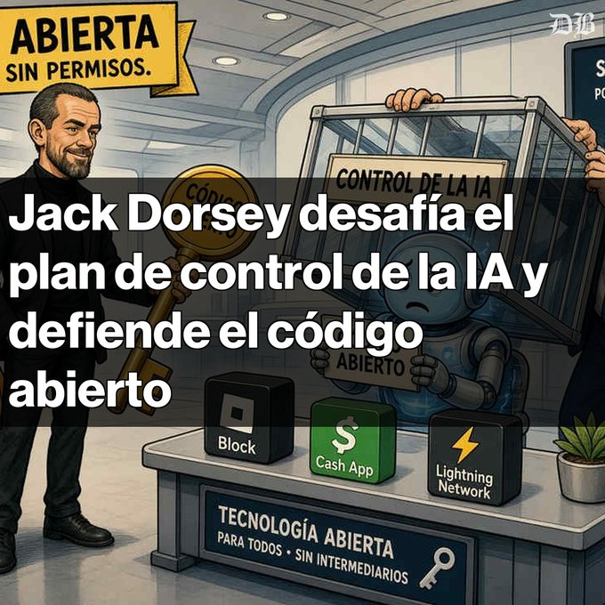 Cartoon image depicting Jack Dorsey holding a key labeled 'CÓDIGO ABIERTO' next to a robot labeled 'ABIERTO', with text 'Jack Dorsey desafía el plan de control de la IA y defiende el código abierto' and icons for Block, Cash App, and Lightning Network displayed on a table labeled 'TECNOLOGÍA ABIERTA PARA TODOS - SIN INTERMEDIARIOS'.