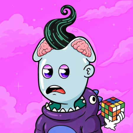 A cartoon zombie-like character with an exposed brain and slick black hair holds a Rubik's Cube while looking unimpressed against a pink, cloudy background. The quirky illustration appears to represent the "brainy" challenge of solving a puzzle, fitting for a giveaway announcement for $MEFO NFT project prizes.