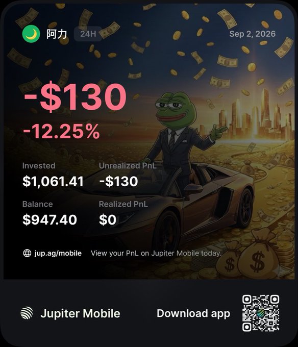 A Jupiter Mobile PnL dashboard for user '阿力' showing a -$130 (-12.25%) loss, with $1,061.41 invested and $947.40 balance, featuring a Pepe mascot.
