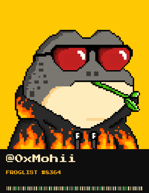 A pixel-art style NFT image featuring a frog character wearing red sunglasses and a flame-patterned jacket, with a green stem in its mouth, labeled '@0xMohii' and 'FROGLIST #8364' on a yellow background.