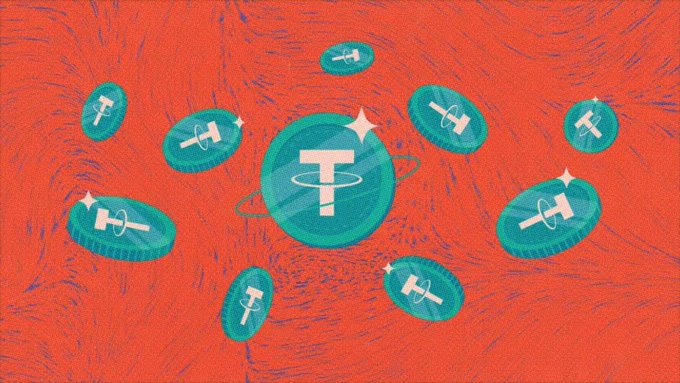 A vibrant illustration featuring teal-colored Tether (USDT) coins floating against a swirling red and blue textured background, with a central larger coin displaying the 'T' logo and ringed planet design.