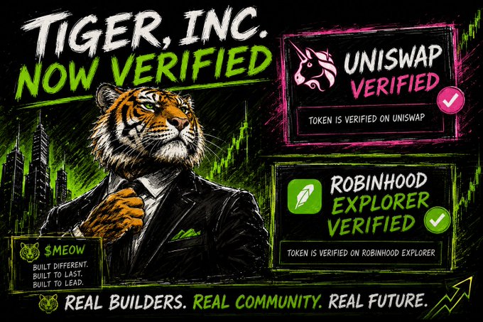 A promotional graphic for 'TIGER, INC. NOW VERIFIED' featuring an anthropomorphic tiger in a suit, alongside badges indicating the token is verified on Uniswap and Robinhood Explorer, with the tagline 'REAL BUILDERS. REAL COMMUNITY. REAL FUTURE.' and the ticker '$MEOW'.