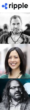 A vertical image featuring the "ripple" logo at the top, followed by a black-and-white photo of a bearded man, a color photo of a smiling woman with dark hair, and a black-and-white photo of a bearded man with glasses speaking into a microphone.