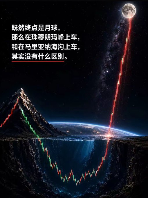 A digital artwork shows a mountain peak and a deep ocean trench connected by a red and green candlestick chart line, with a red beam extending to the moon, accompanied by Chinese text translating to: "Since the destination is the moon, getting on at Mount Everest and getting on at the Mariana Trench, there is really no difference."