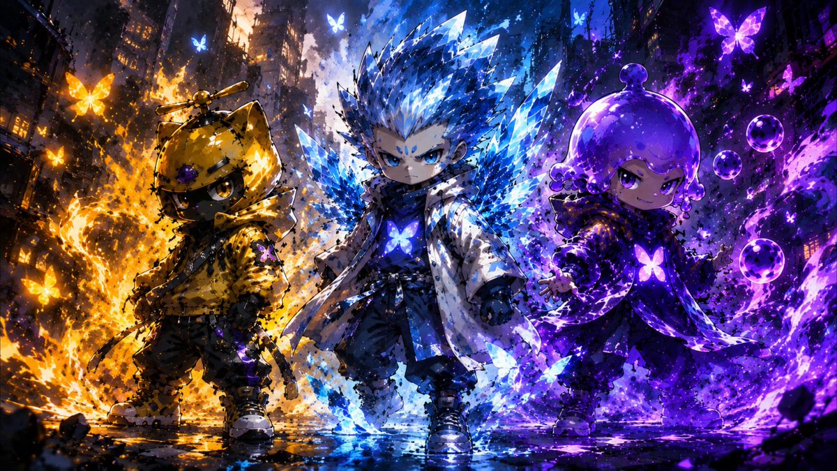The image features three cartoon characters, each with a unique appearance and personality. The first character has blue hair and is dressed in black clothing. The second character also has blue hair but is wearing a white outfit. The third character has purple hair and is wearing a purple dress. These characters are standing together on a surface covered in water droplets, creating an interesting visual effect due to the water's reflective properties. The image appears to be related to a post about the characters' appearances or characteristics, as indicated by the caption provided.