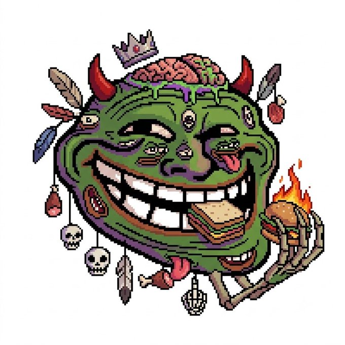 A green, grinning troll-like face with an exposed brain, devil horns, and a small crown sits amidst an array of chaotic decorations including dangling skulls, feathers, eyeballs, and a tongue lolling out, while holding a flaming sandwich and a hamburger on a skeletal hand in this pixel art illustration.