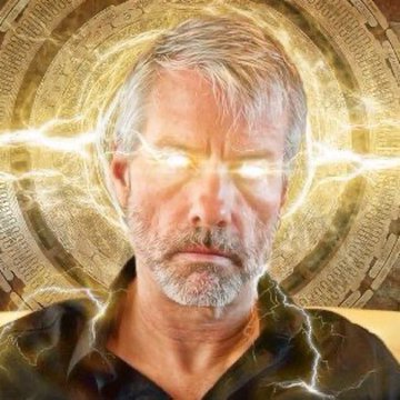 A stylized portrait of a gray-bearded man with glowing lightning-like eyes against a golden geometric background.