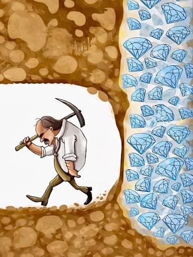 A weary miner with a pickaxe trudges through a dirt tunnel away from a massive wall of sparkling blue diamonds, illustrating the "POV: you quit crypto" sentiment by depicting someone leaving behind the glittering promise of digital wealth.
