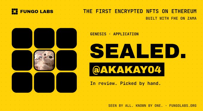 The image is a yellow promotional graphic from Fungo Labs advertising "SEALED. @AKAKAY04," billed as "THE FIRST ENCRYPTED NFTS ON ETHEREUM," "BUILT WITH FHE ON ZAMA." It features a 3x3 grid of black squares with a cat photo revealed in the center square, visually illustrating the concept from the post of NFT artwork being hidden ("sealed") and optionally revealed by the holder. The tagline "SEEN BY ALL. KNOWN BY ONE." reinforces the privacy-by-design theme described in the accompanying text.