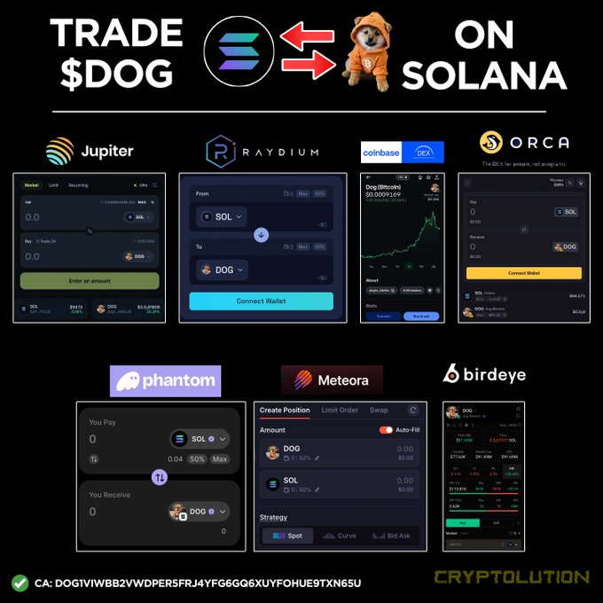 A promotional graphic titled 'TRADE $DOG ON SOLANA' showing screenshots from various exchanges and wallets (Jupiter, Raydium, Coinbase DEX, Orca, Phantom, Meteora, Birdeye) with the contract address 'DOGVIVWBB2VWDPERSFRJ4YFG6GQ6XUYFOHUE9TXN65U' and 'CRYPTOLUTION' watermark.