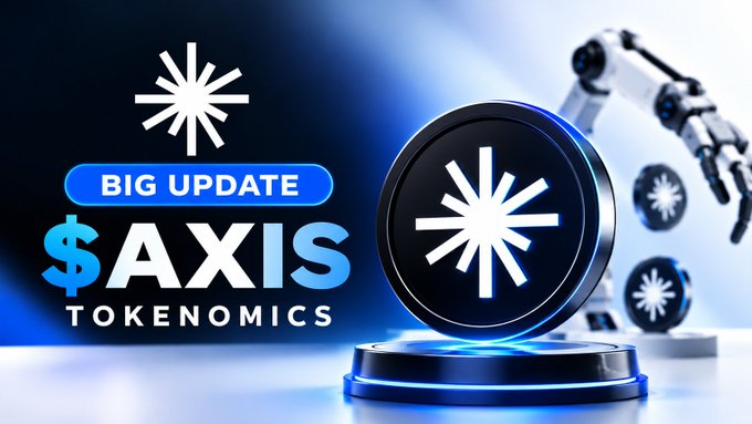 A promotional graphic with text 'BIG UPDATE', '$AXIS', 'TOKENOMICS' alongside a starburst logo and a robotic arm.