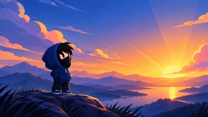 An animated illustration of a small hooded character with a stylized mask standing on a cliff overlooking a scenic sunset with mountains and a lake.