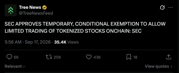 A tweet from Tree News (@TreeNewsFeed) reporting that the SEC has approved a temporary, conditional exemption permitting limited trading of tokenized stocks onchain, posted at 5:56 AM on September 17, 2026, with 35.4K views. The news provides regulatory context for the poster's watchlist of tokenized stocks—including $GOOGL, $GOLD, $MSFT, and $OIL—planned for RobinhoodChain within the @longdotxyz ecosystem.