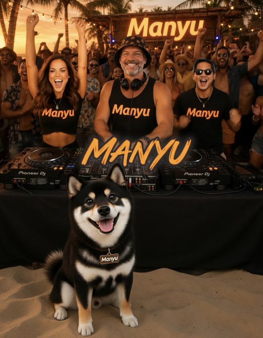 AI-generated image of a DJ at a beach party labeled 'Manyu,' featuring a smiling Shiba Inu dog wearing a 'Manyu' tag in the foreground, with branded shirts on people behind the turntables.