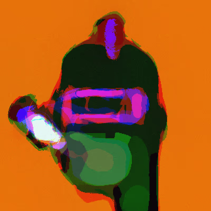 A pixelated, low-resolution digital artwork of a figure with purple and pink headwear against a bright orange background.
