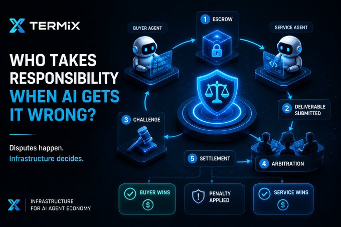 Conceptual diagram by 'TERMiX' titled 'WHO TAKES RESPONSIBILITY WHEN AI GETS IT WRONG?' illustrating a 5-step AI dispute resolution process.