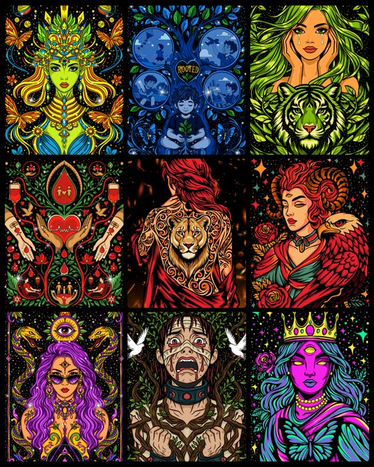 A 3x3 grid of colorful stained glass-style illustrations featuring mystical themes including goddesses, a tiger, a lion, roses, and crowned figures against dark backgrounds.