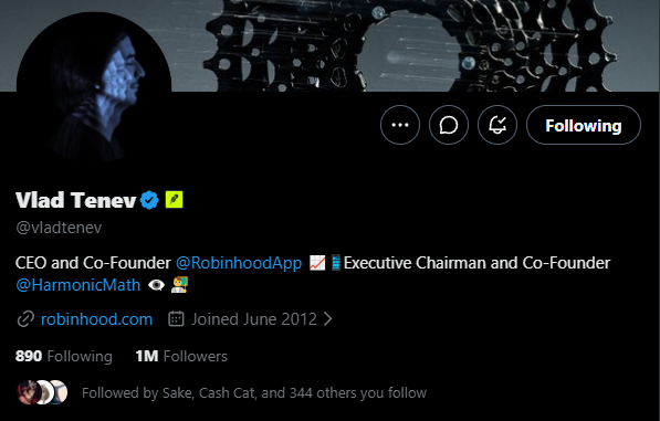 A Twitter profile page is displayed for 'Vlad Tenev' (@vladtenev), identifying him as CEO and Co-Founder of @RobinhoodApp and Executive Chairman and Co-Founder of @HarmonicMath.